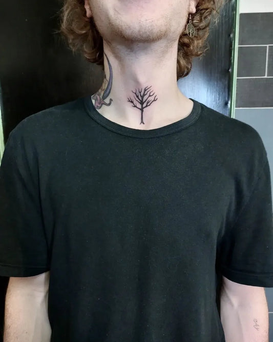 Small Fine Line Poison Tree on Men Throat Tattoo by @medusa_shop_tattoo_parlour