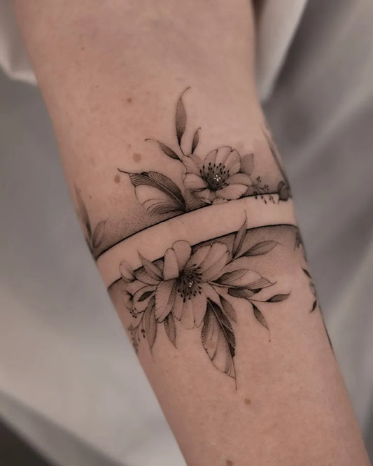 Small Fine Line Poppies Leaves on Women Arm Flower Tattoo by @black.peony.ink