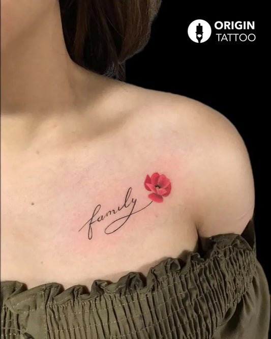 Small Fine Line Poppy Flower Family Tattoo on Women Shoulder by @origintattoo.in