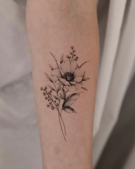 Small Fine Line Poppy Flower and Berries Tattoo on Women Forearm by @black.peony