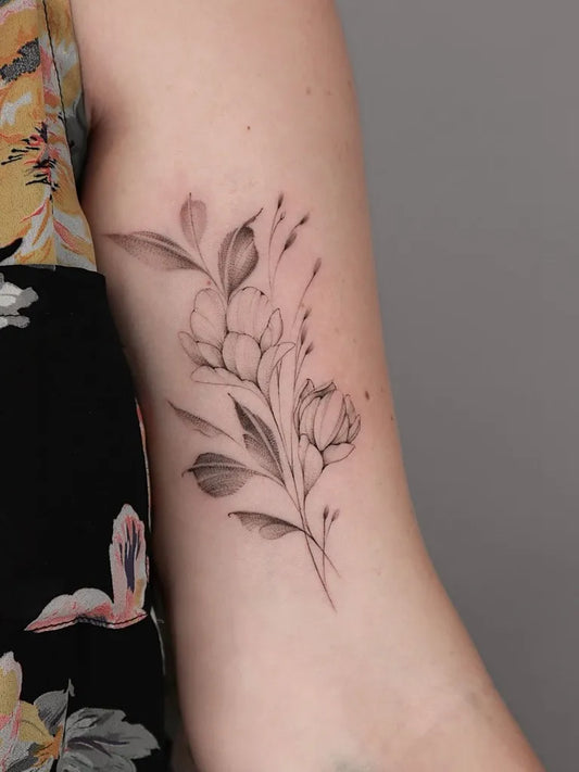 Small Fine Line Poppy Flowers Tattoo on Women Arm by @mo_tattooist