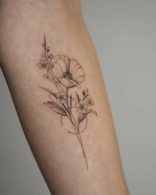 Small Fine Line Poppy Flowers on Women Forearm Tattoo by @champ.arttt
