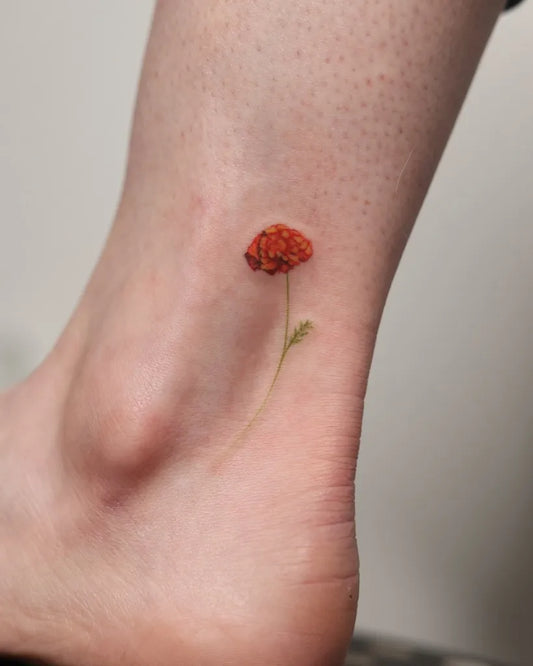 Small Fine Line Poppy Tattoo on Women Ankle by @inkedcarolina