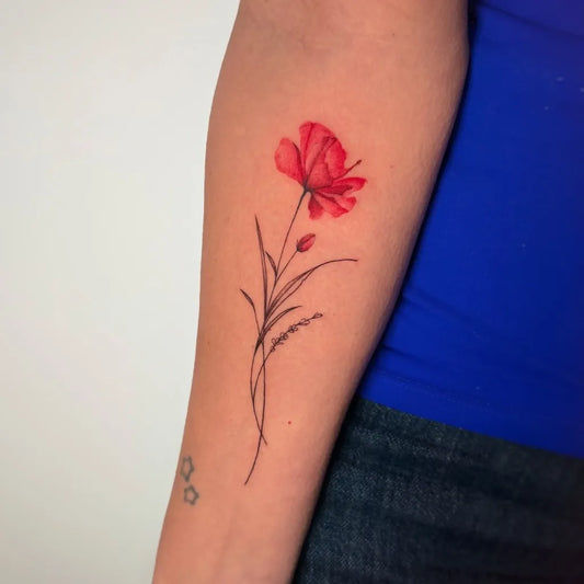 Small Fine Line Poppy Tattoo on Women Arm by @martinameltattoo