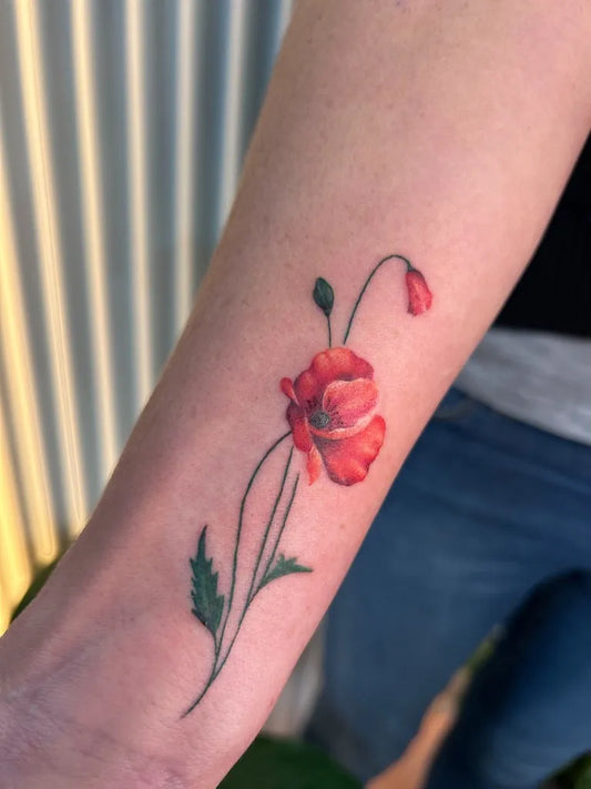 Small Fine Line Poppy Tattoo on Women Forearm by @carvel_tattoo