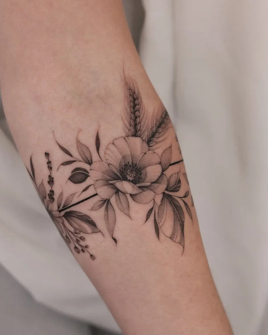 Small Fine Line Poppy Wheat Leaves Tattoo on Women Arm by @black.peony.ink