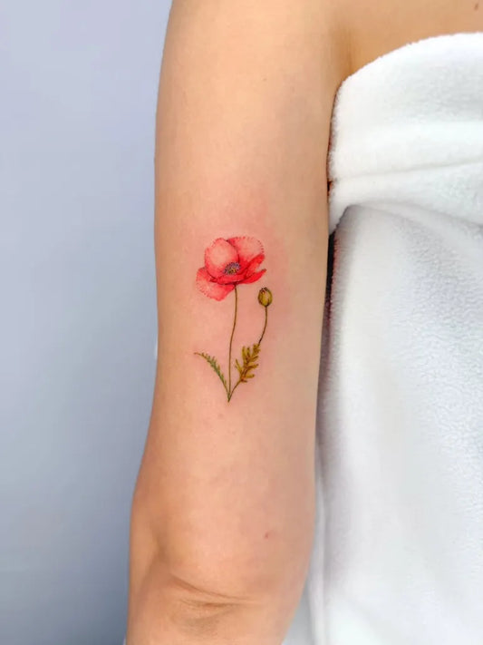 Small Fine Line Poppy and Bud Tattoo on Women Arm by @arh.tattooist