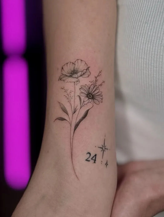 Small Fine Line Poppy and Daisy Tattoo on Women Arm by @cela.ink