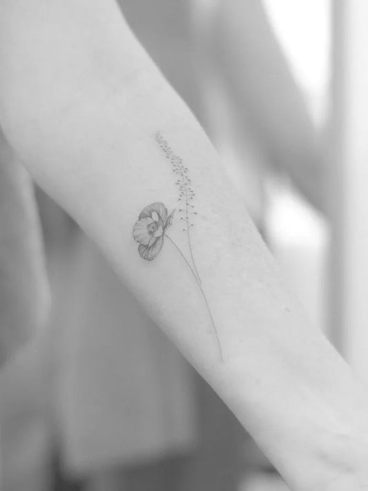 Small Fine Line Poppy and Lavender Tattoo on Women Arm by @natalie.vadelma
