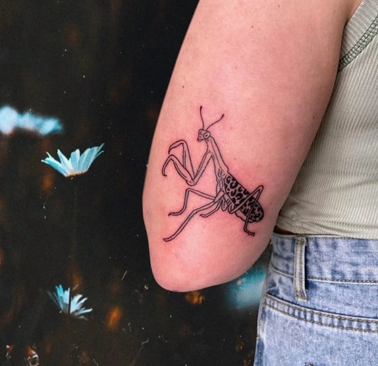 Small Fine Line Praying Mantis and Daisies Tattoo on Women Upper Arm by @hemlocktattoostudio