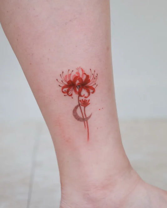 Small Fine Line Red Lily and Crescent Moon Tattoo on Women Ankle by @tattooist_silo