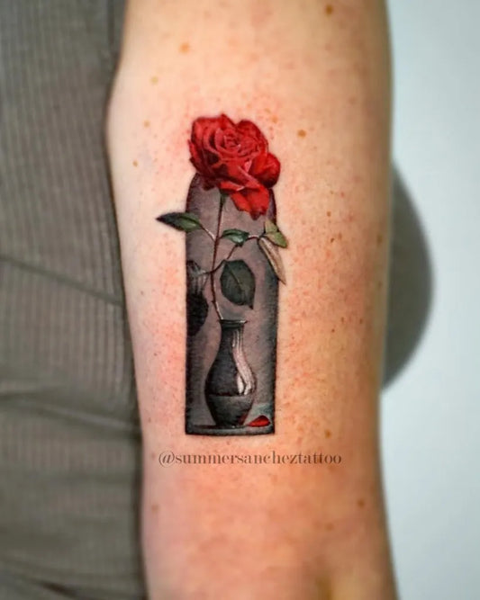 Small Fine Line Red Rose in Vase on Women Arm Tattoo by @summersancheztattoo