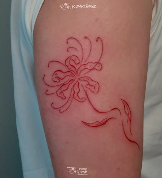 Small Fine Line Red Spider Lily Tattoo on Women Arm by @rumplingz