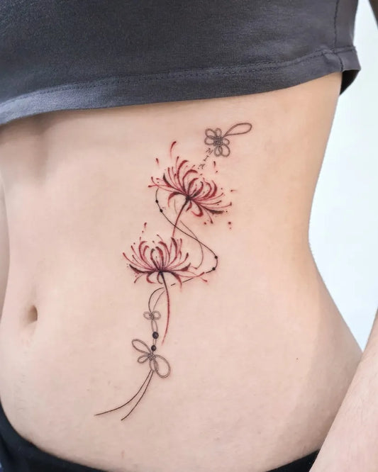 Small Fine Line Red Spider Lily Tattoo on Women Rib by @tattooist_mora