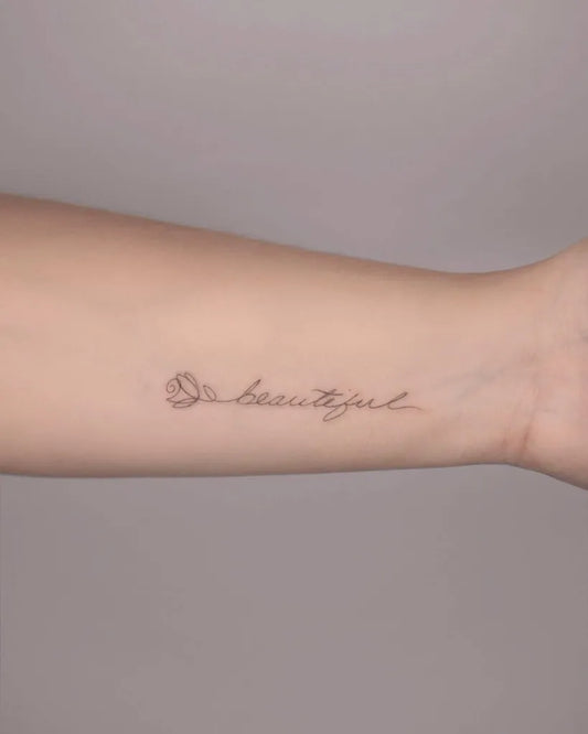 Small Fine Line Rose Beautiful Quote Tattoo on Women Forearm by @vivianatattoo