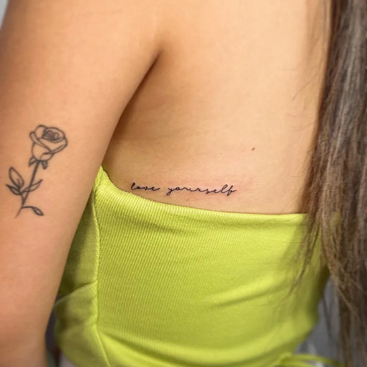 Small Fine Line Rose Quote Tattoo on Women Arm by @inkbytheresa