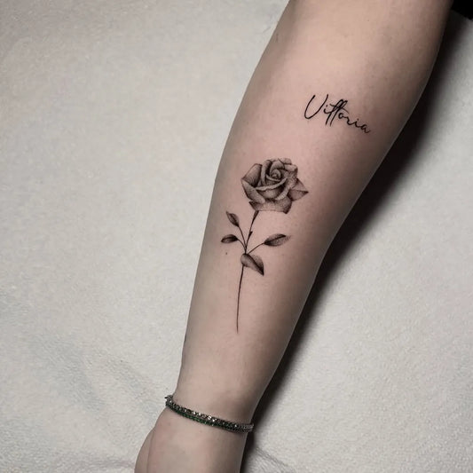 Small Fine Line Rose and Utria on Women Arm Tattoo by @aleyoky
