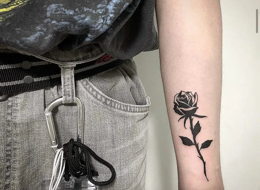 Small Fine Line Rose on Women Arm Tattoo by @dtbtattoo