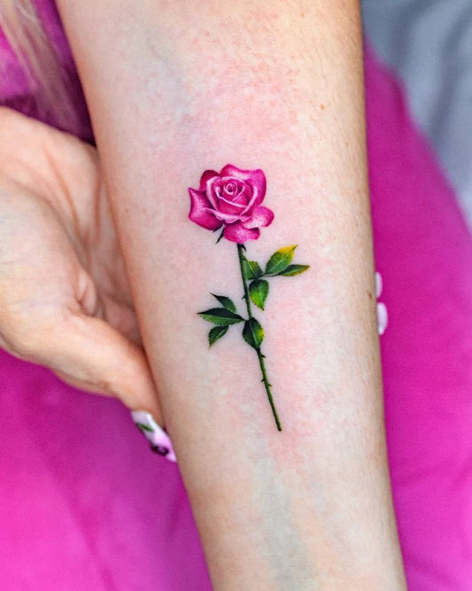 Small Fine Line Rose on Women Arm Tattoo by @ssuncolor