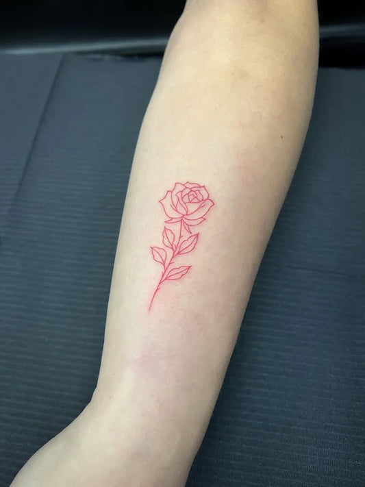 Small Fine Line Rose on Women Forearm Tattoo by @mot.tattoos