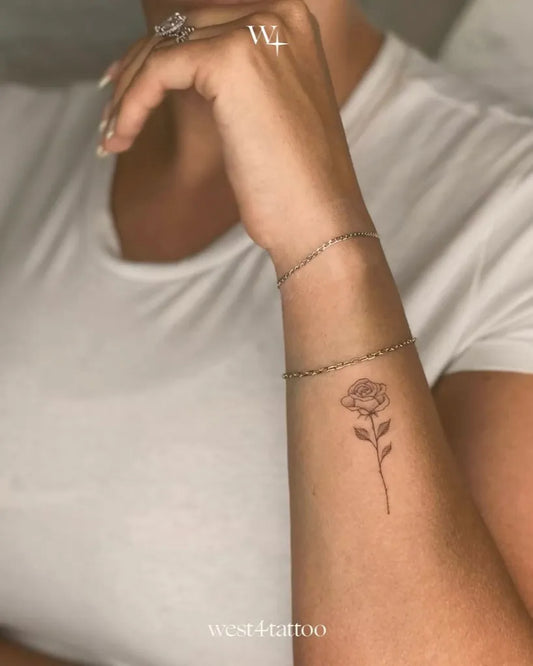 Small Fine Line Rose on Women Wrist Tattoo by @west4tattoo