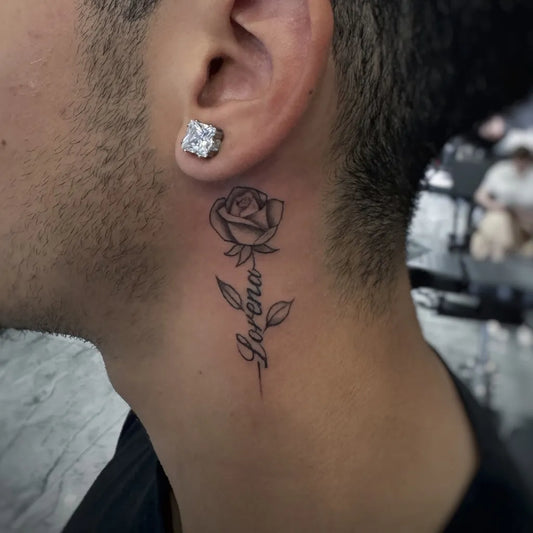 Small Fine Line Rose with Lorena on Men Neck Tattoo by @mashavbeauty