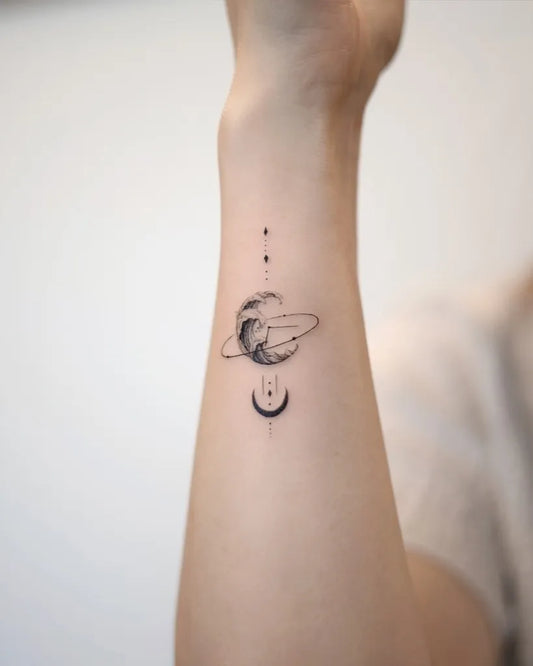 Small Fine Line Saturn Crescent Dots on Women Wrist Tattoo by @handitrip