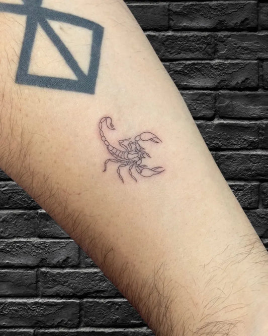 Small Fine Line Scorpion on Men Arm Tattoo by @mr.inkwells