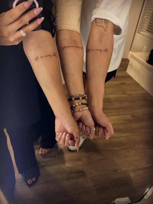 Small Fine Line Script Family Tattoo on Women Arm by @mrscelestethomas