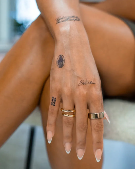 Small Fine Line Script and Teardrop on Women Hand Tattoo by @karl_thetattoo_plug