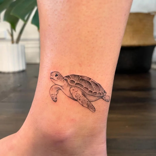 Small Fine Line Sea Turtle Tattoo on Women Ankle by @eloise_tattoo