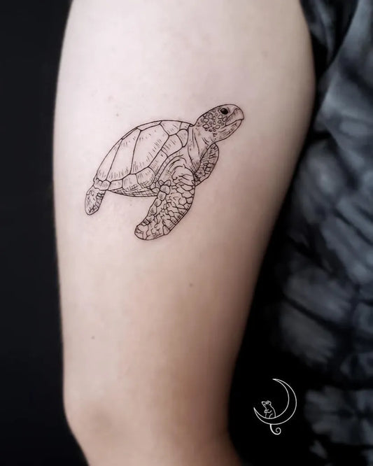 Small Fine Line Sea Turtle Tattoo on Women Arm by @anitadarkling