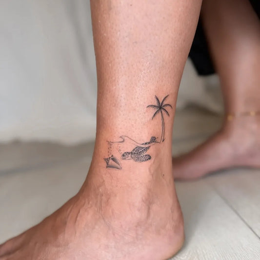 Small Fine Line Sea Turtle and Palm Tree Tattoo on Women Ankle by @evatattooar