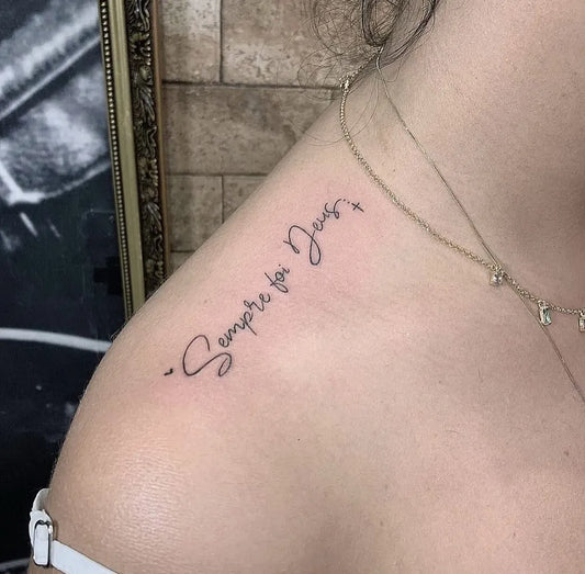 Small Fine Line Semper Fi Script on Women Shoulder Tattoo by @flaytattoo