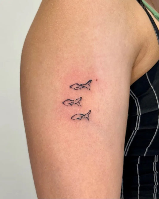 Small Fine Line Sharks Tattoo on Women Upper Arm by @yas.c.studio