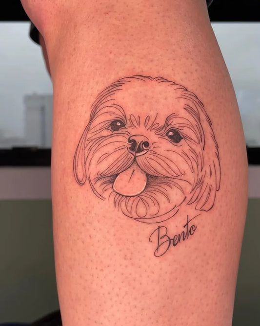 Small Fine Line Shih Tzu Dog Tattoo on Women Calf by @nahlobo.tattoo