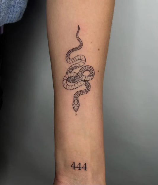 Small Fine Line Snake and 444 on Women Wrist Tattoo by @krt_haluk