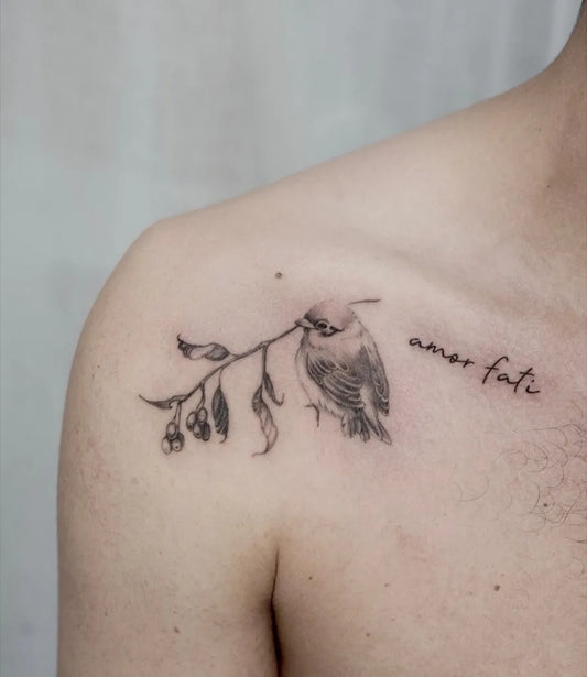 Small Fine Line Sparrow Branch Tattoo on Men Shoulder by @joyxtattoo