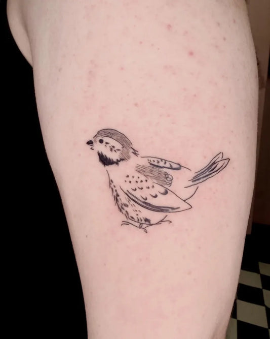 Small Fine Line Sparrow Tattoo on Women Arm by @kate.atom