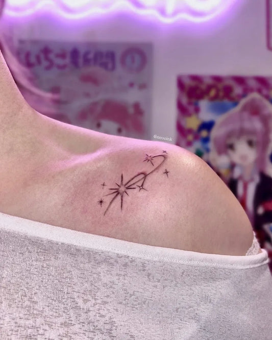 Small Fine Line Star and Airplane Tattoo on Women Shoulder by @neooink