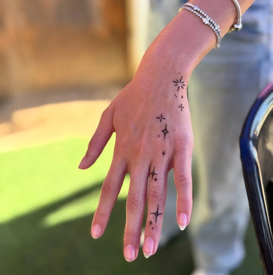 Small Fine Line Stars Tattoo on Women Wrist by @rum_arts