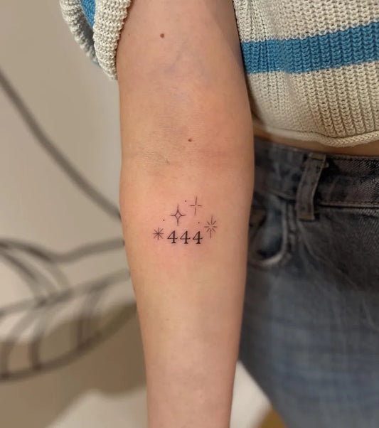 Small Fine Line Stars and 444 on Women Arm Tattoo by @becca_tattoo