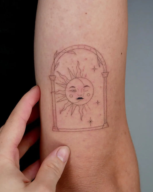Small Fine Line Sun Arch Spiritual Tattoo on Women Arm by @vivien.veight