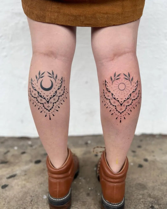 Small Fine Line Sun Moon Mandala Tattoo on Women Calf by @rruca1