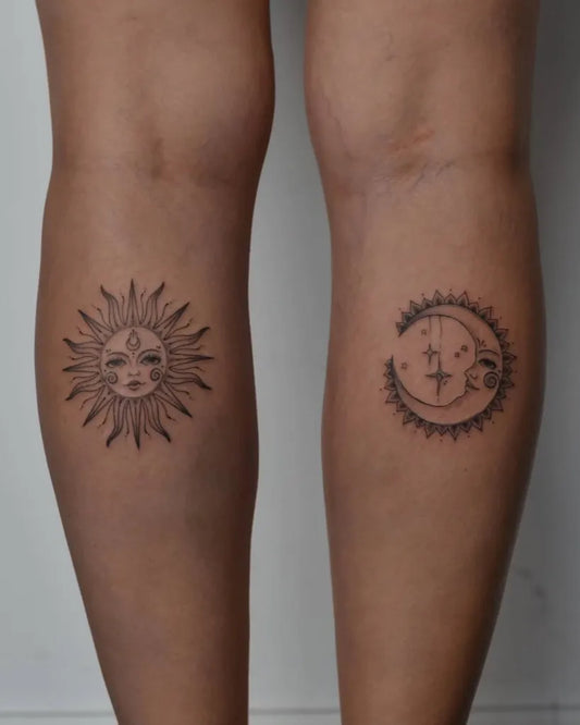 Small Fine Line Sun Moon Nature Tattoo on Women Leg by @cosmic.visions.art