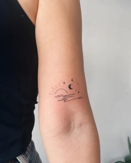 Small Fine Line Sun Moon Stars Tattoo on Women Arm by @gulsahcindaruk