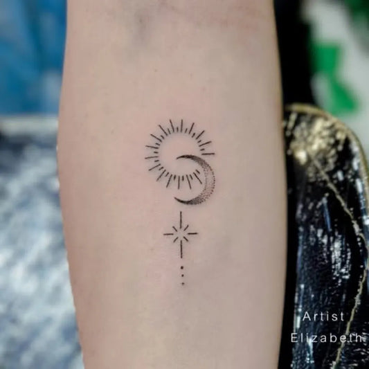 Small Fine Line Sun Moon Stars on Women Arm Tattoo by @cbinktattoobrisbane