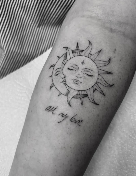Small Fine Line Sun Moon and Text on Women Arm Tattoo by @bexwilkestattoo