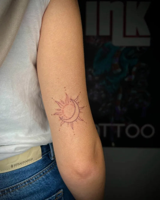 Small Fine Line Sun Moon on Women Arm Tattoo by @di_maio_kevin_inkvalley