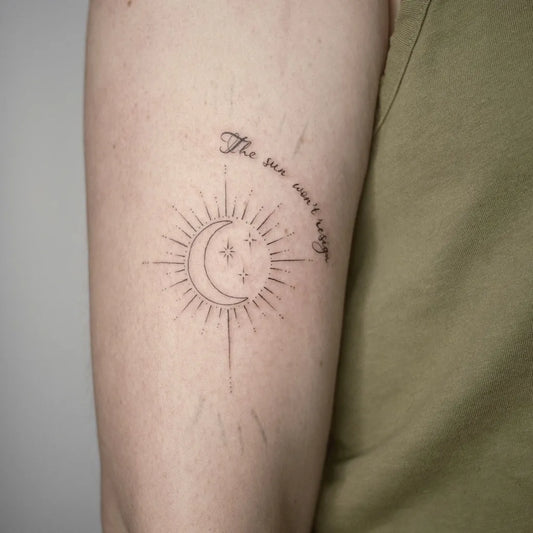 Small Fine Line Sun and Moon and Text on Women Arm Tattoo by @mantletattoo